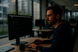 Ein konzentrierter Entwickler sitzt in einem modernen Büro vor einem großen Monitor und arbeitet an PHP-Code. Die Umgebung ist hell, minimalistisch und professionell, mit klarer Sicht auf weitere Arbeitsplätze im Hintergrund.