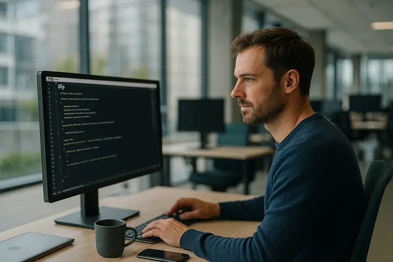 Ein konzentrierter Entwickler sitzt in einem modernen Büro vor einem großen Monitor und arbeitet an PHP-Code. Die Umgebung ist hell, minimalistisch und professionell, mit klarer Sicht auf weitere Arbeitsplätze im Hintergrund.