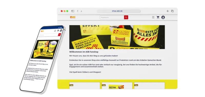 Mockup showing the ASB online shop on desktop and mobile screens, featuring branded merchandise such as mugs, notepads, and promotional items available in the ASB fan shop