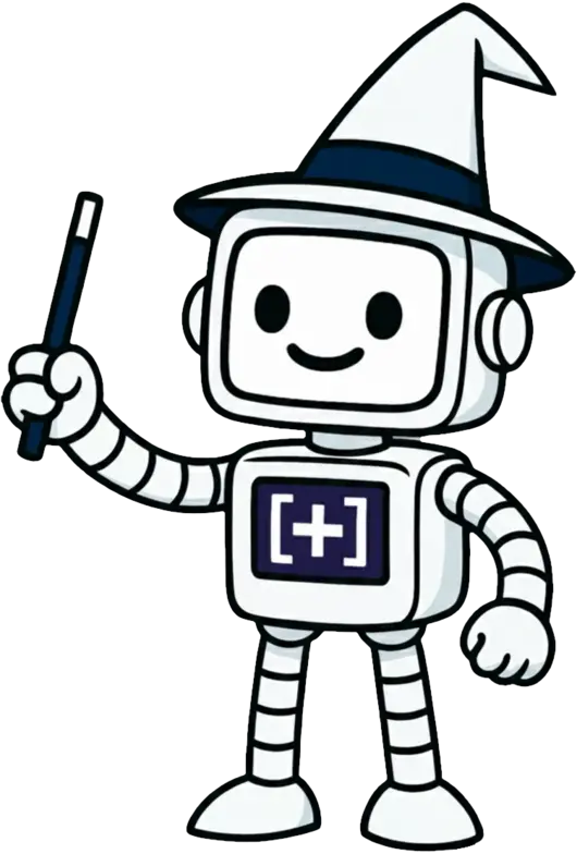 Illustration eines freundlichen Roboters mit Zauberhut und Zauberstab, Symbolfigur für Smart Search als hilfreichen digitalen Assistenten.