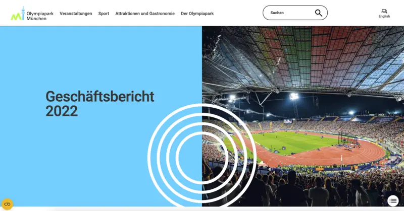 Digitaler Geschäftsbericht des Olympiaparks – Startseite Screenshot des digitalen Geschäftsberichts: Teaser „Ein unvergessliches Jahr“ und Editorial der Geschäftsführung im neuen Design.