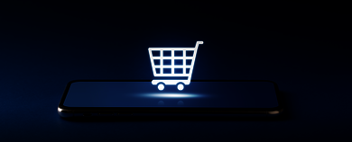 Representation of a shopping cart icon hovering over a smartphone