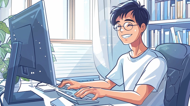 Illustration einer lächelnden Person am Computer, die zufrieden auf den Bildschirm blickt – Sinnbild für eine erfolgreiche und nutzerfreundliche KI-gestützte Suche.