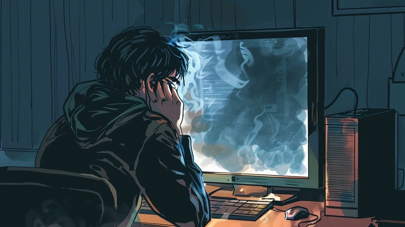 Illustration einer frustrierten Person vor einem Bildschirm mit unübersichtlichen Datenwolken – Sinnbild für überfordernde Suchfunktionen und unklare Ergebnisse.