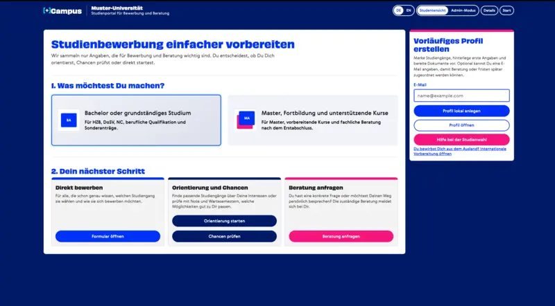 PlusCampus – zentraler Einstieg für Studieninteressierte PlusCampus mit Einstieg in Studienbewerbung, Studienorientierung und Beratung
