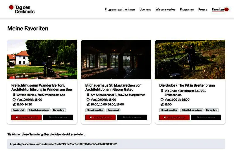 Screenshot der Favoritenliste auf der Website zum Tag des Denkmals mit drei gespeicherten Denkmälern, inklusive Adressen, Öffnungszeiten und Buttons für Details und Entfernen.