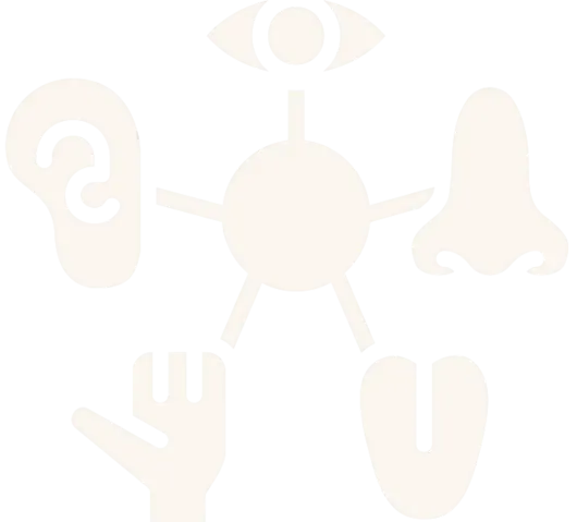 Icon showing the five senses connected: ear, eye, nose, hand, tongue.