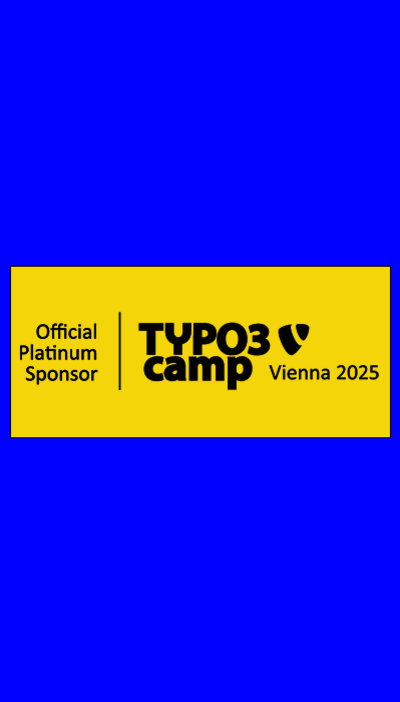 +Pluswerk ist offizieller Platinum Sponsor des TYPO3camp Vienna 2025 – gelbes Logo mit schwarzer Schrift auf blauem Hintergrund.