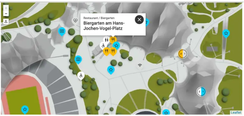 Interaktive Karte – Olympiapark München Interaktive Karte des Olympiaparks mit zoombaren POIs, Clustern und Info-Popover für Gastronomie.