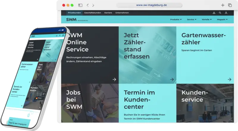 The new homepage of Städtische Werke Magdeburg with service offerings.