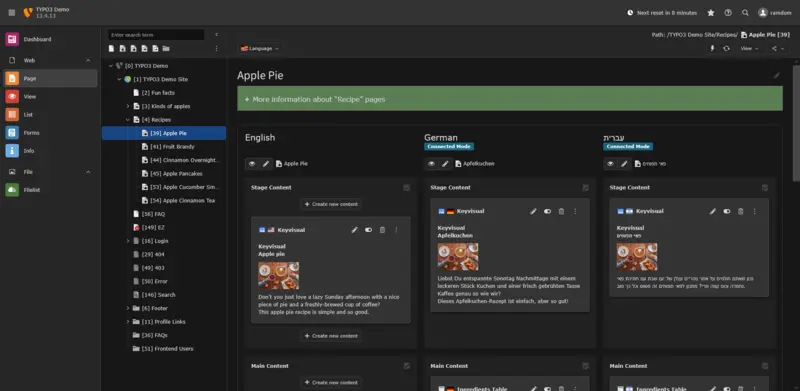 TYPO3 Backend V13 TYPO3 CMS Backend Benutzeroberfläche mit mehrsprachiger Inhaltsverwaltung für die Seite ‚Apple Pie‘. Darstellung von englischen, deutschen und hebräischen Inhalten im Connected Mode.