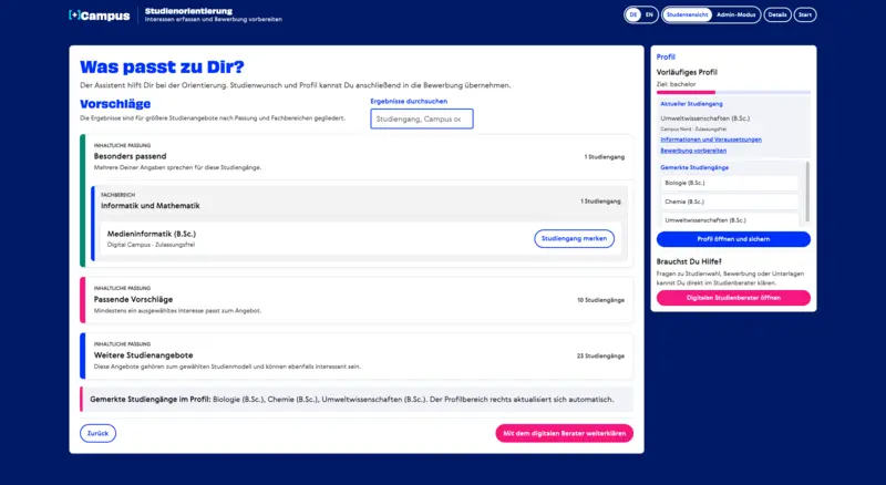 PlusCampus – passende Studiengänge finden und im Profil speichern PlusCampus Studienorientierung mit passenden Studiengangsvorschlägen, Merkliste und digitalem Studienberater