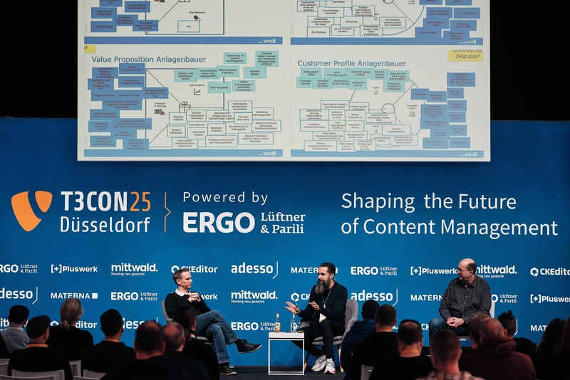 T3CON25 - Happy Path Talk with wedi and +Pluswerk Paneldiskussion zum Happy Path auf der T3CON25: Kai Storjohann, Markus Buff und Jens Krumm sprechen vor Publikum über Zielgruppenmodelle, Value Propositions und die Transformation der wedi Website.