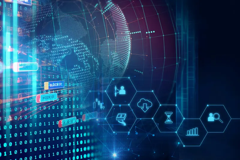 Visualisierung eines digitalen Datennetzwerks und globaler Datenstrukturen als Symbol für Datenarchitektur und Produktdatenmanagement.