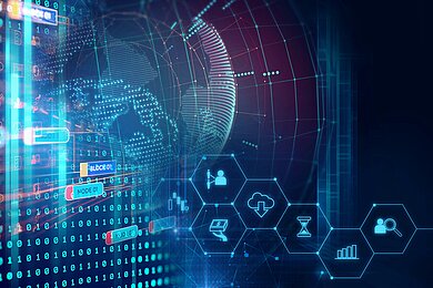 Visualisierung eines digitalen Datennetzwerks und globaler Datenstrukturen als Symbol für Datenarchitektur und Produktdatenmanagement.