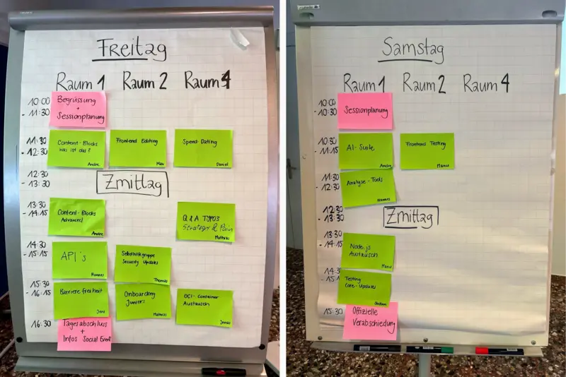 Sessions am Freitag und Samstag im Überblick Zwei nebeneinander stehende Flipcharts mit dem handschriftlich erstellten Sessionplan für Freitag und Samstag beim TYPO3camp Schweiz 2025.