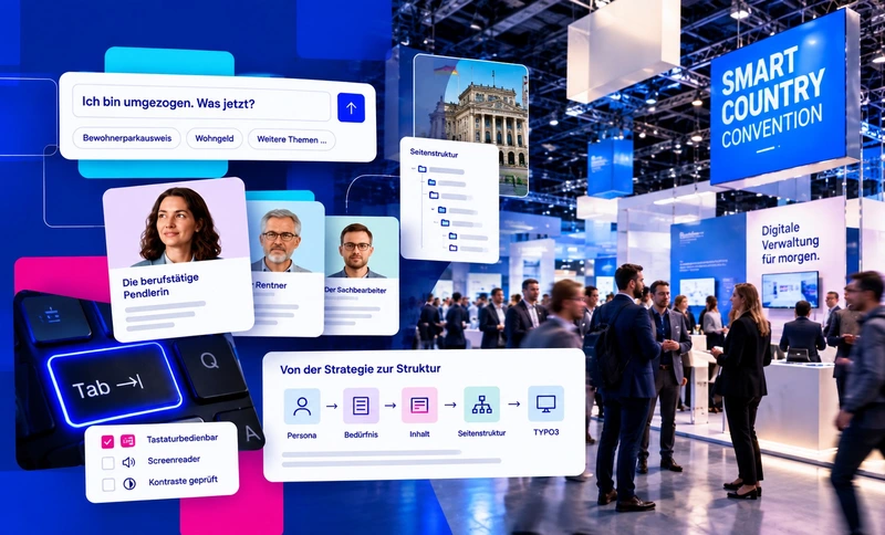 +Pluswerk auf der Smart Country Convention 2026 Smart Country Convention mit visuellen Elementen zu KI, Barrierefreiheit, Personas und digitalen Verwaltungsstrukturen