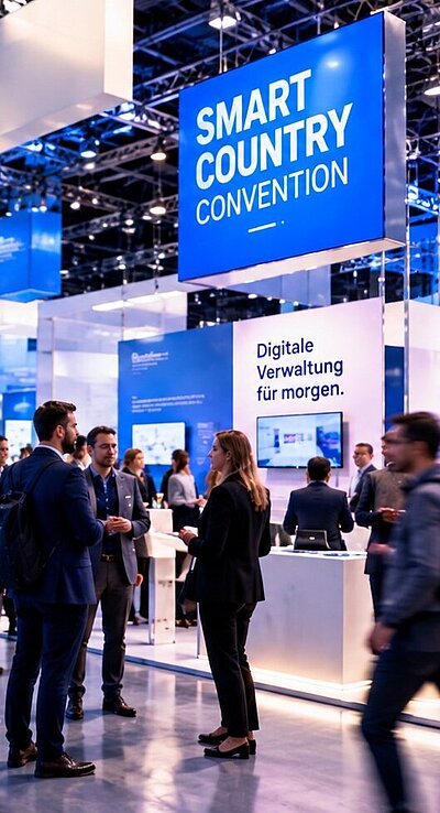 +Pluswerk auf der Smart Country Convention 2026 Smart Country Convention mit visuellen Elementen zu KI, Barrierefreiheit, Personas und digitalen Verwaltungsstrukturen