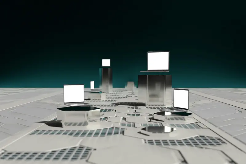 Ilustrație digitală abstractă cu afișaje interconectate, care reprezintă concepția structurată, planificarea și bazele strategice ale proiectelor digitale.