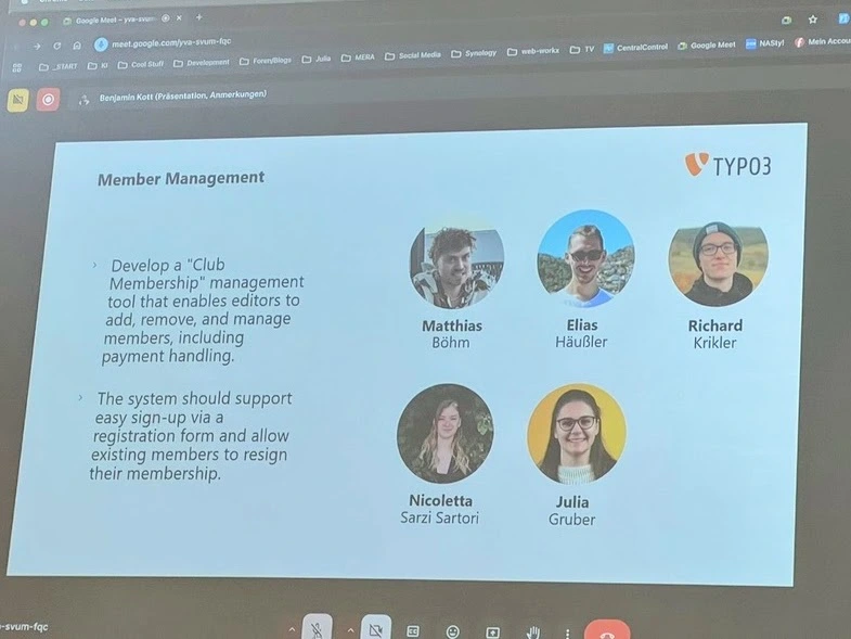 TYPO3 Surfcamp: Konzept zur Mitgliederverwaltung vorgestellt Präsentationsfolie des TYPO3 Surfcamps mit Teamfotos und Aufgaben zum Thema Mitgliederverwaltung