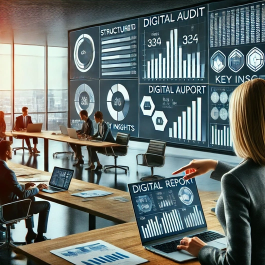 Geschäftsleute in einem modernen Büro analysieren digitale Audit-Daten auf Laptops und Bildschirmen, um ihre digitalen Assets effizient zu verwalten.