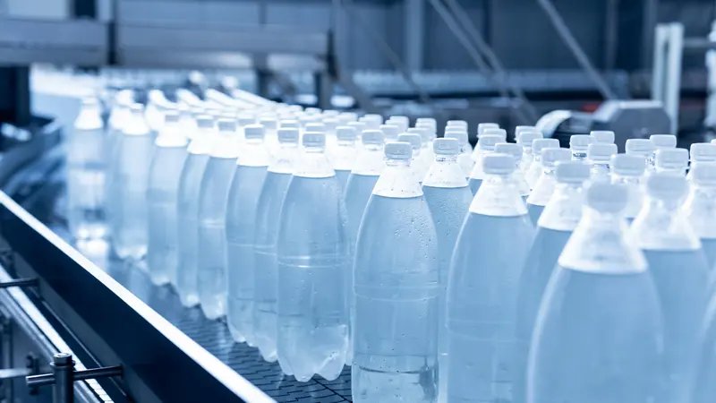 Integrated product data for efficient PET production Filled PET bottles pass through an automated production line. The illustration symbolises the integration of production, product data, sustainability information and digital processes in the PET industry.