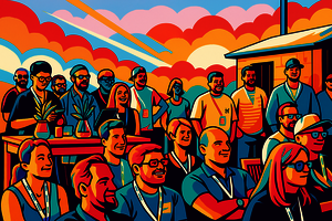 Stilisiertes, farbenfrohes Pop-Art-Illustrationsbild einer Gruppe von Teilnehmenden beim Head in the Cloud Summit. Menschen stehen und sitzen lächelnd unter freiem Himmel mit Sonnenuntergang, Namensschildern und lockerer Event-Atmosphäre.