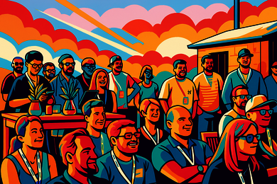 Stilisiertes, farbenfrohes Pop-Art-Illustrationsbild einer Gruppe von Teilnehmenden beim Head in the Cloud Summit. Menschen stehen und sitzen lächelnd unter freiem Himmel mit Sonnenuntergang, Namensschildern und lockerer Event-Atmosphäre.