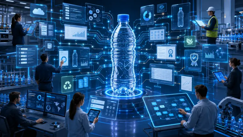 Komplexe Produktdaten in der PET-Verpackungsindustrie Digitale Illustration einer PET-Flasche im Zentrum komplexer Datenströme: Um sie herum arbeiten mehrere Personen mit schwebenden Produktdaten, ESG-Berichten, Zertifikaten, Tabellen und Freigabeprozessen.