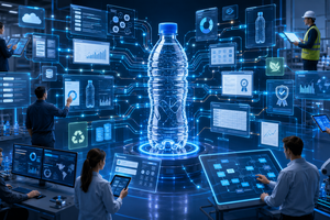 Digitale Illustration einer PET-Flasche im Zentrum komplexer Datenströme: Um sie herum arbeiten mehrere Personen mit schwebenden Produktdaten, ESG-Berichten, Zertifikaten, Tabellen und Freigabeprozessen.