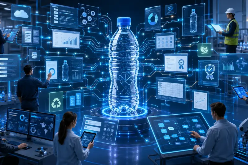 Komplexe Produktdaten in der PET-Verpackungsindustrie Digitale Illustration einer PET-Flasche im Zentrum komplexer Datenströme: Um sie herum arbeiten mehrere Personen mit schwebenden Produktdaten, ESG-Berichten, Zertifikaten, Tabellen und Freigabeprozessen.