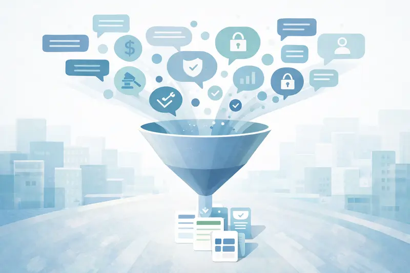 Illustration eines Trichters, in den verschiedene Sprechblasen und Symbole für Stakeholder-Feedback einfließen. Am unteren Ende entstehen strukturierte und priorisierte Ergebnisse, die Entscheidungen im Projekt darstellen.