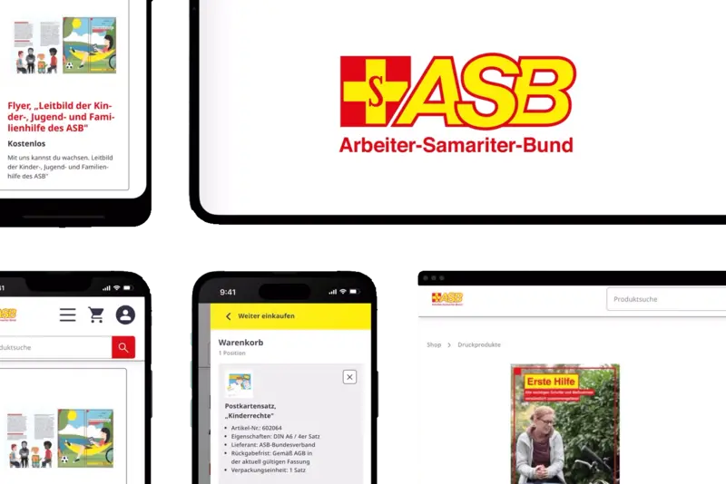 Mockup showcasing the Arbeiter-Samariter-Bund (ASB) online shop displayed on multiple devices, including smartphones, tablets, and a desktop screen. The shop features products such as flyers, postcards, and first aid materials.
