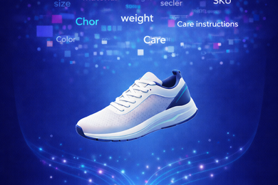 Modern sneaker floating on a deep blue background, with a cloud of scattered product data words above and glowing lines below, symbolizing AI transforming unstructured product information into structured content.
