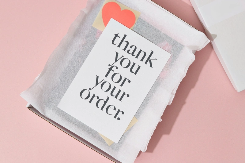 Verpackte Online-Bestellung mit Dankeskarte als Symbol für ein positives Einkaufserlebnis im E-Commerce