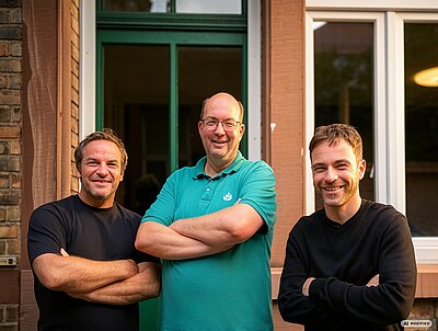 MONOBLOC® va deveni noua sediu al +Pluswerk din Heidelberg Frank Deutschmann, Jens Krumm și Sebastian Lulay pozează împreună în fața sediului MONOBLOC® din Heidelberg.