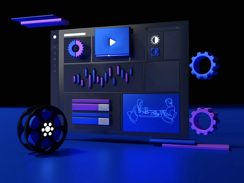 Abstrakte Darstellung einer digitalen Plattform mit verschiedenen Modulen, Diagrammen und Schnittstellen, die miteinander verbunden sind und Datenintegration sowie Steuerung visualisieren