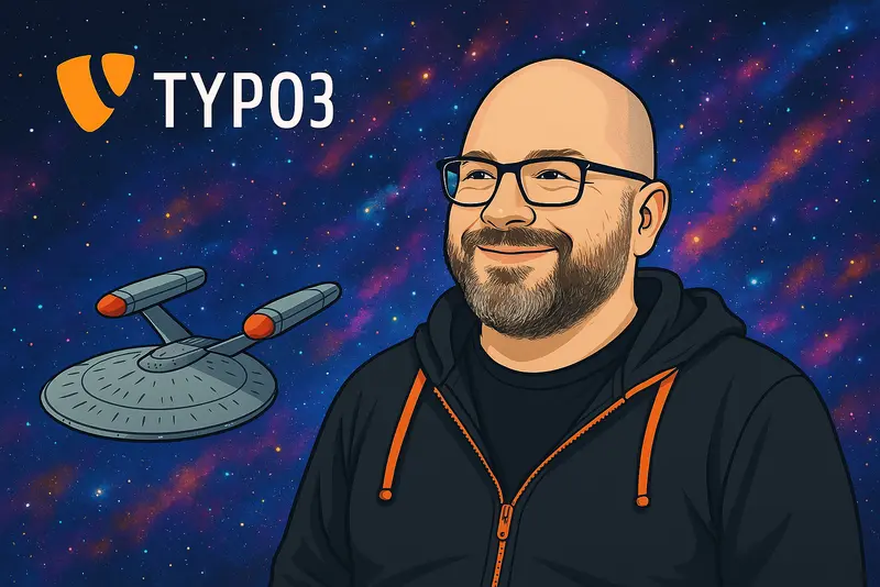 Illustration eines Mannes mit Brille, Bart und schwarzer Kapuzenjacke mit orangefarbenen Details, vor einem bunten, sternenreichen Weltraum-Hintergrund. Links im Bild ein stilisiertes Star-Trek-Raumschiff der Galaxy-Klasse und das TYPO3-Logo. Symbolbild für Technologie, Open Source und kreative Vision.