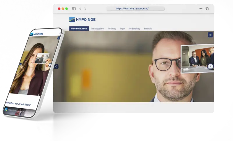 Mockup der HYPO NOE Karriere-Website auf einem Smartphone und einem Desktop-Browser. Die Seite zeigt ein modernes Design mit großflächigen Bildern, klarer Navigation und dem Slogan „Wir sehen, wer du sein kannst.