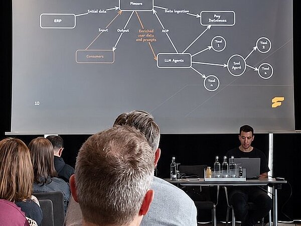 PCDD 2025: Technische Sitzung bei den Pimcore Community Dev Days Die Teilnehmer verfolgen einen Fachvortrag während der Pimcore Community Dev Days 2025 in Frankfurt, während ein Referent auf einer großen Leinwand ein Softwarearchitekturdiagramm erläutert.