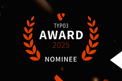 Graphic showing the TYPO3 Award 2025 Nominee badge. The design features orange laurel branches and the TYPO3 logo on a dark background, highlighting a project’s nomination for the TYPO3 Awards 2025.