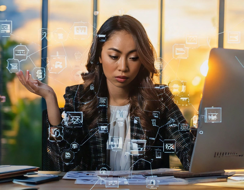 Eine Frau sitzt vor einem Laptop und betrachtet verwirrt eine Vielzahl digitaler Symbole, die ein unübersichtliches Netzwerk von digitalen Assets darstellen.