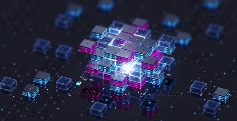 Abstrakte 3D-Darstellung vernetzter Datenwürfel, die sich zu einem leuchtenden Cluster verbinden – Symbol für künstliche Intelligenz, smarte Suche und digitale Vernetzung.